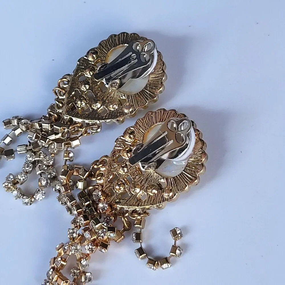 Old Glamour Vintage Tiger's Eye Gold Chandelier Tassel Earrings Clip-On 2.75 in